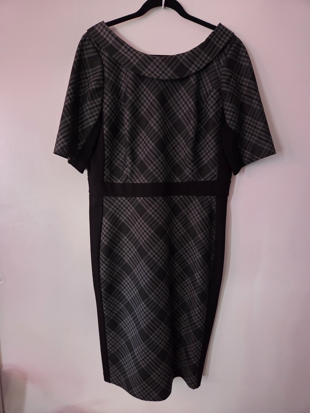 White House Black Market Black and Gray Plaid Midi Sheath Dress